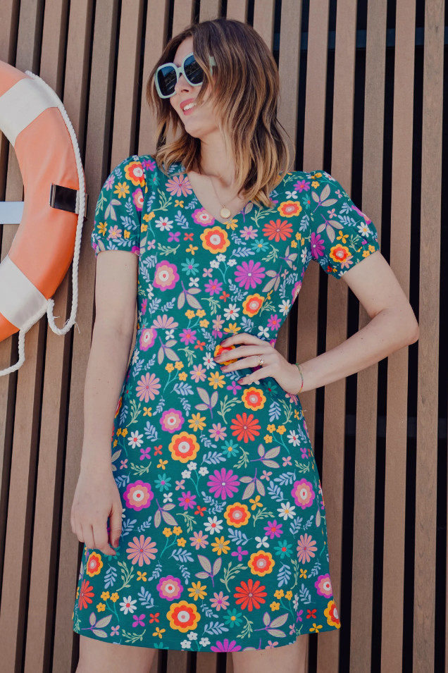 ANNETTE V NECK JERSEY DRESS IN TEAL FOLK FLORAL