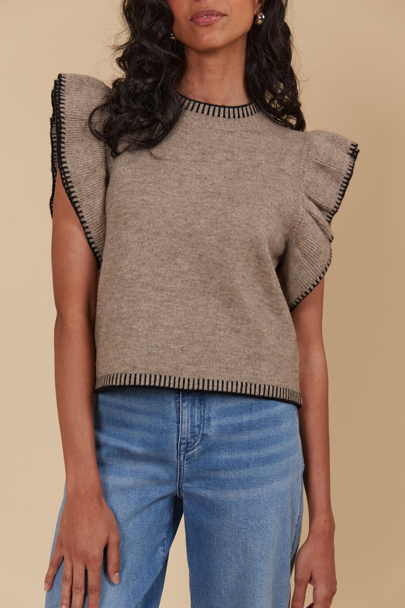 ATHENA FRILL KNIT TOP - TAUPE
