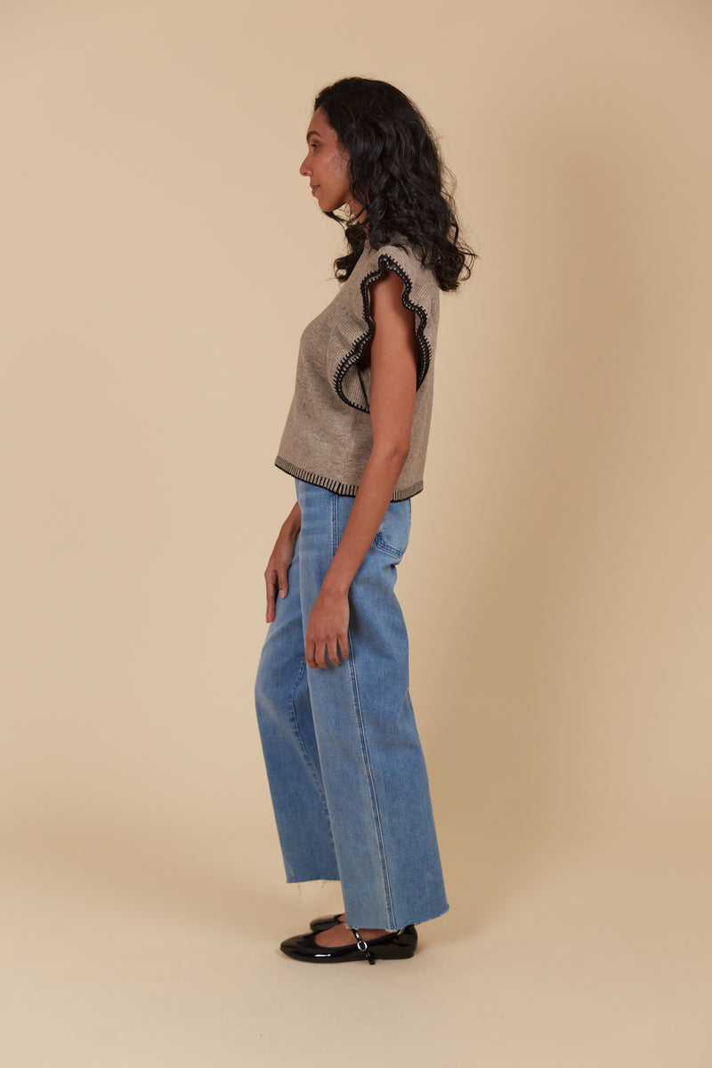 ATHENA FRILL KNIT TOP - TAUPE