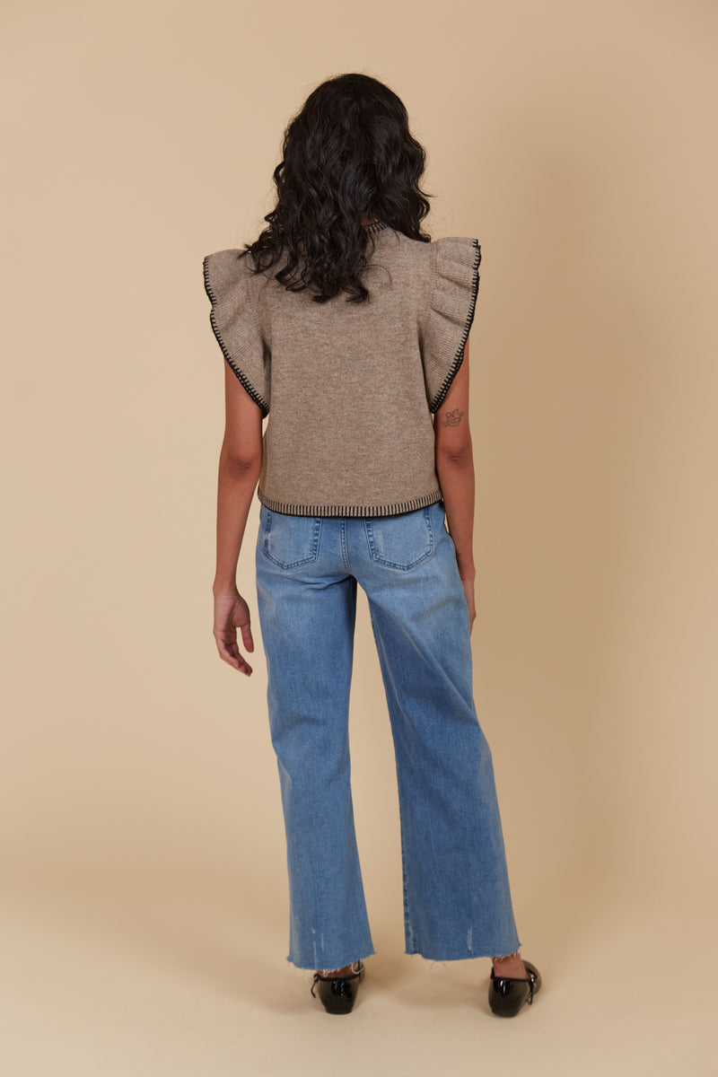 ATHENA FRILL KNIT TOP - TAUPE