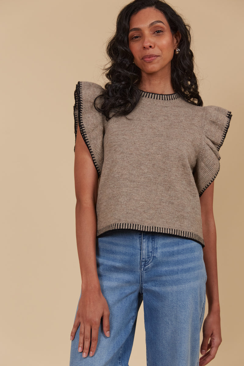 ATHENA FRILL KNIT TOP - TAUPE