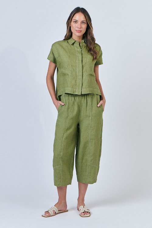 BARREL LEG 7/8 LINEN PANT - MOSS