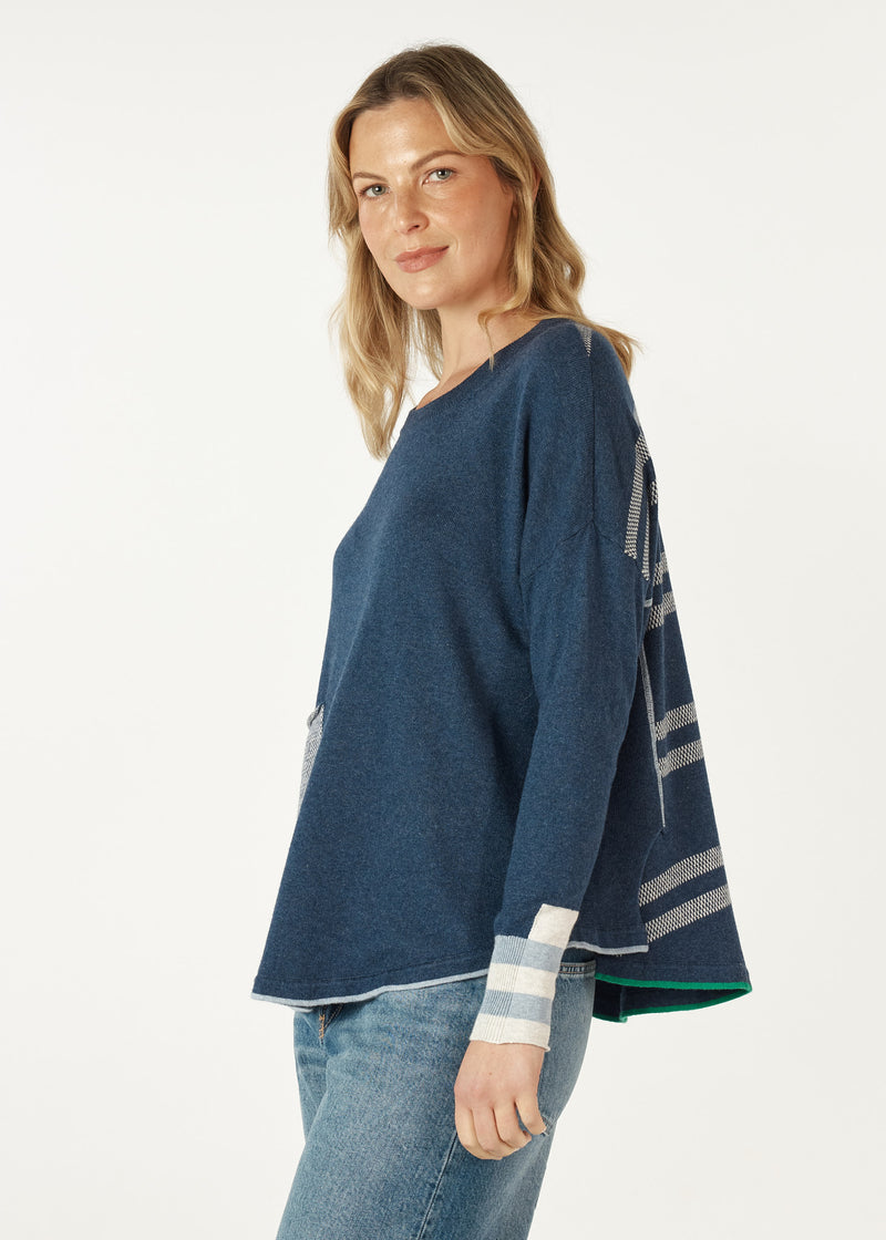 BIRDSEYE TRIM JUMPER IN DENIM