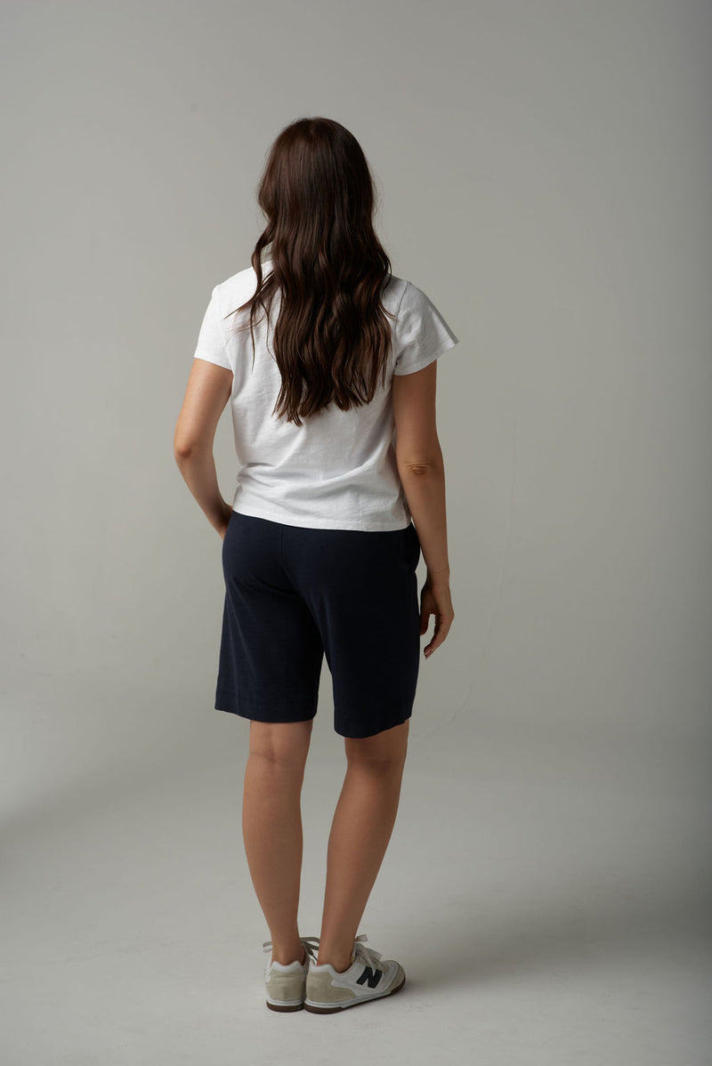 CROSS EMBROIDERED V NECK TEE - WHITE/PARISIAN NAVY