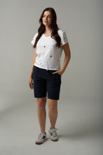 CROSS EMBROIDERED V NECK TEE - WHITE/PARISIAN NAVY