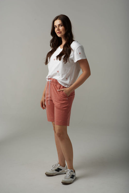 CROSS EMBROIDERED V NECK TEE - WHITE/TERRACOTTA