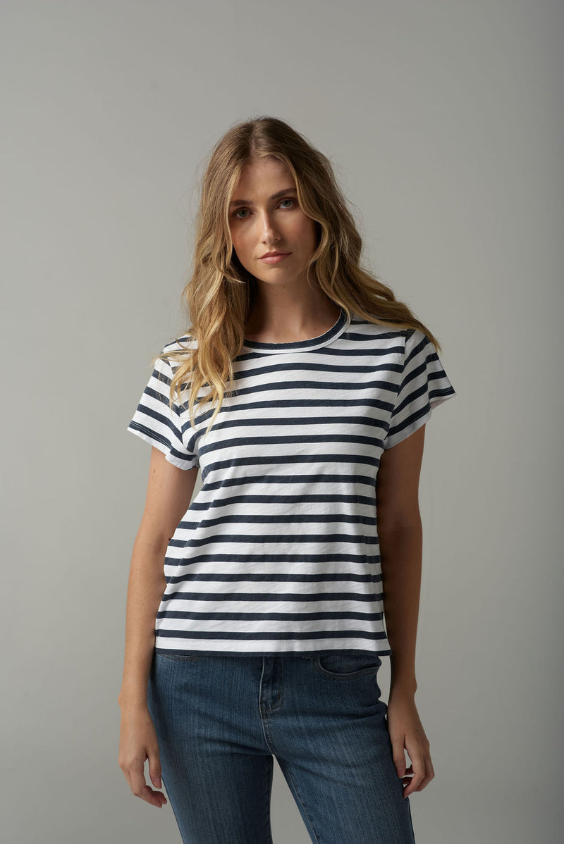 STRIPE STRAIGHT CUT TEE - WHITE/PARISIAN NAVY
