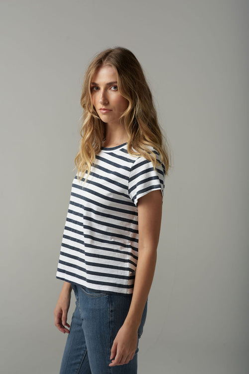 STRIPE STRAIGHT CUT TEE - WHITE/PARISIAN NAVY
