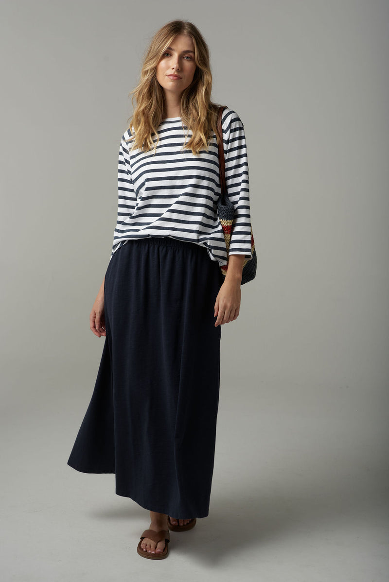 STRIPE 3/4 SLEEVE RAGLAN TEE - WHITE/PARISIAN NAVY