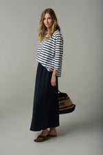 STRIPE 3/4 SLEEVE RAGLAN TEE - WHITE/PARISIAN NAVY