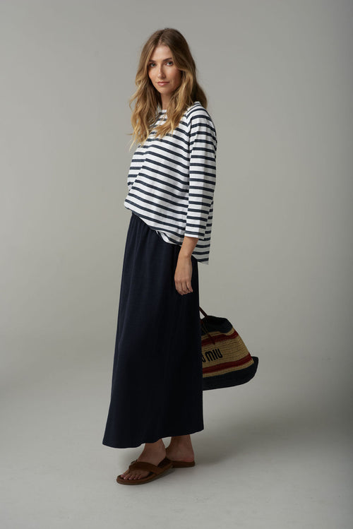 STRIPE 3/4 SLEEVE RAGLAN TEE - WHITE/PARISIAN NAVY