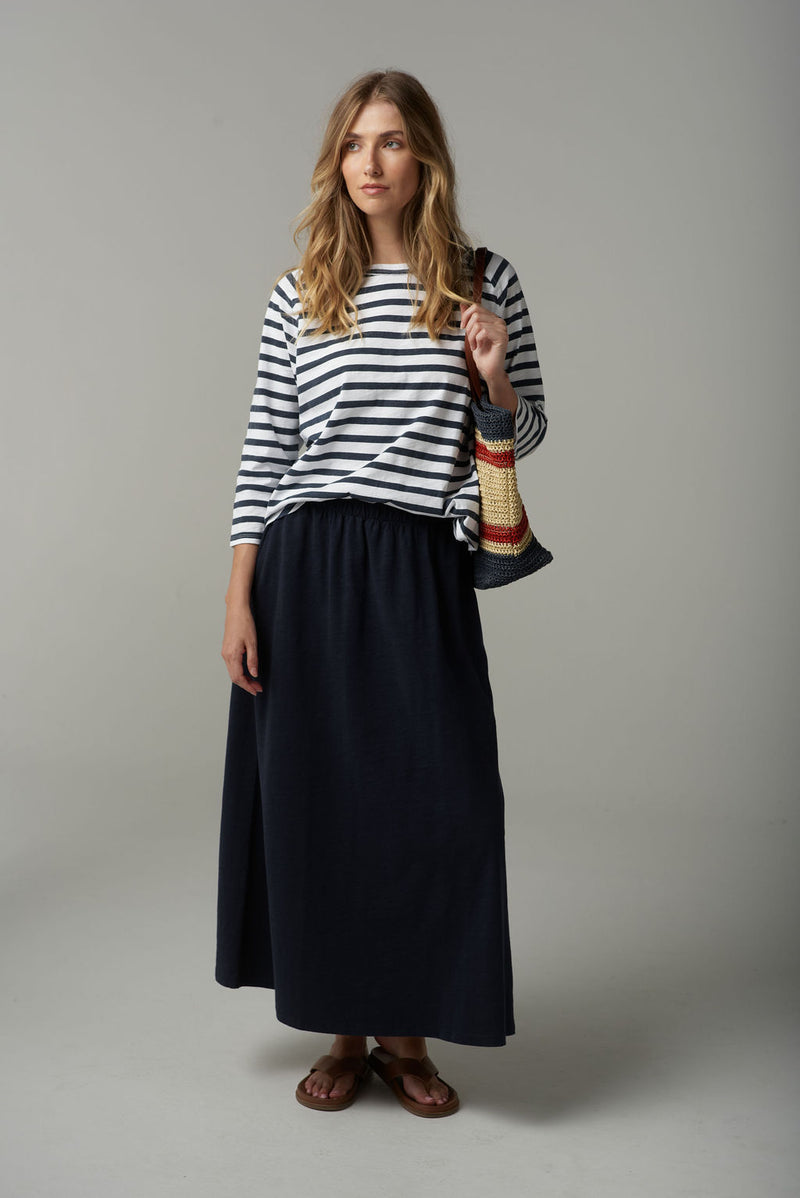 STRIPE 3/4 SLEEVE RAGLAN TEE - WHITE/PARISIAN NAVY