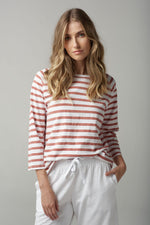 STRIPE 3/4 SLEEVE RAGLAN TEE - WHITE/TERRACOTTA