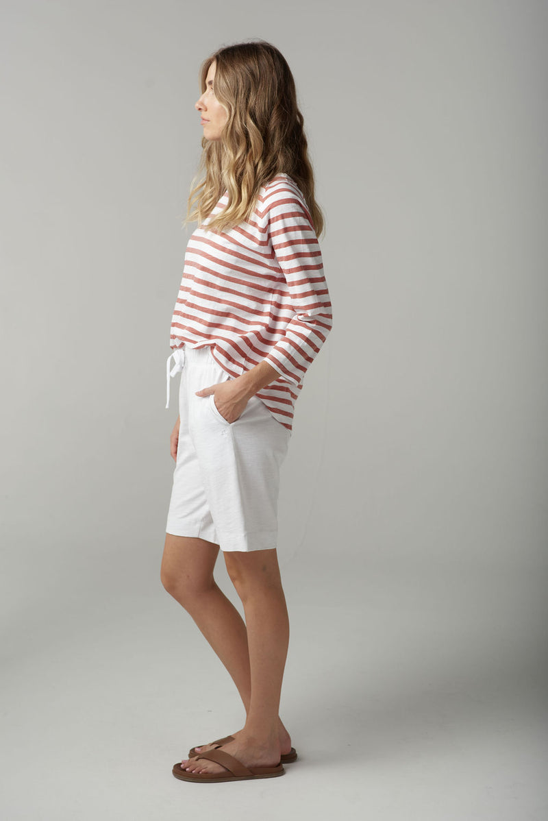 STRIPE 3/4 SLEEVE RAGLAN TEE - WHITE/TERRACOTTA
