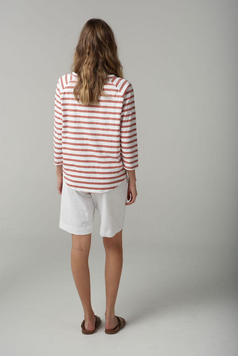 STRIPE 3/4 SLEEVE RAGLAN TEE - WHITE/TERRACOTTA