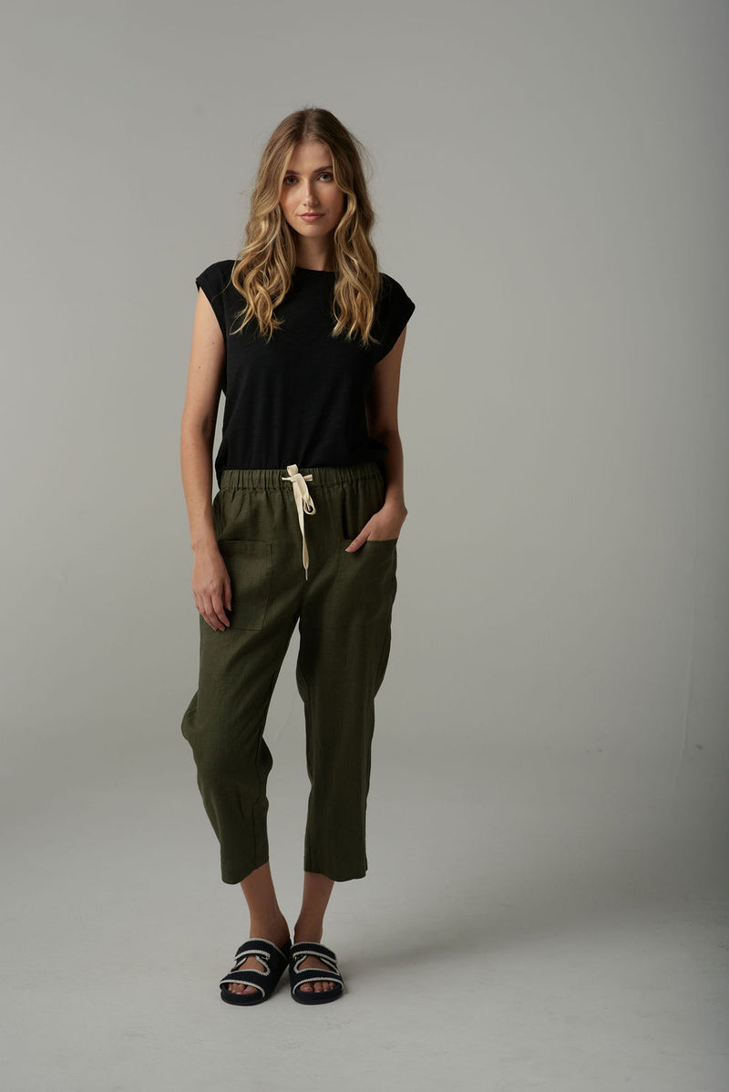 LINEN CROP PANT - KHAKI