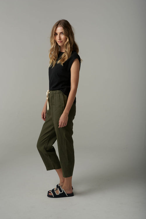 LINEN CROP PANT - KHAKI
