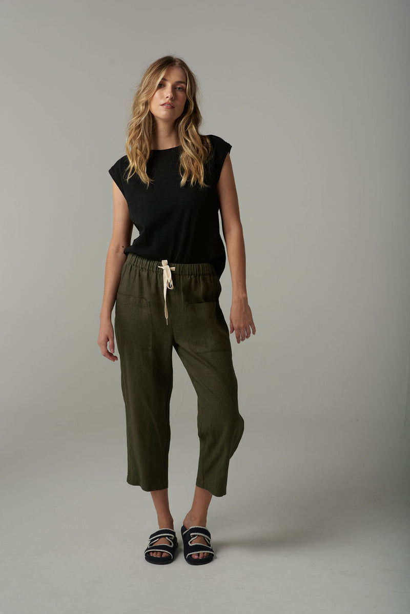 LINEN CROP PANT - KHAKI