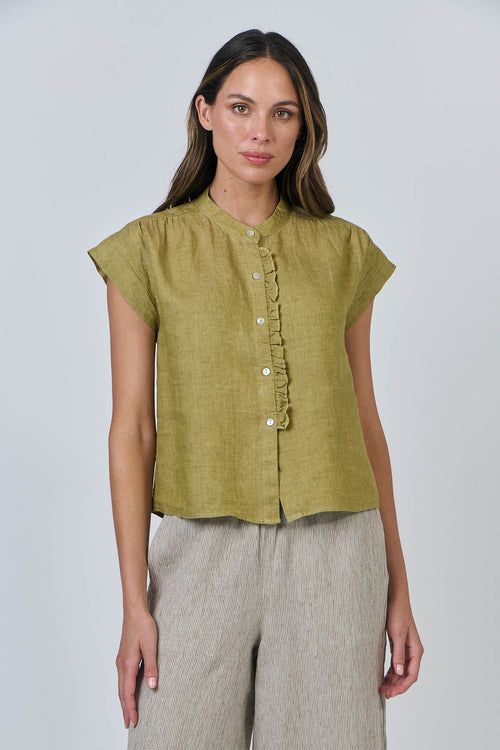 CAP-SLEEVE FRILL SHIRT - BAMBOO