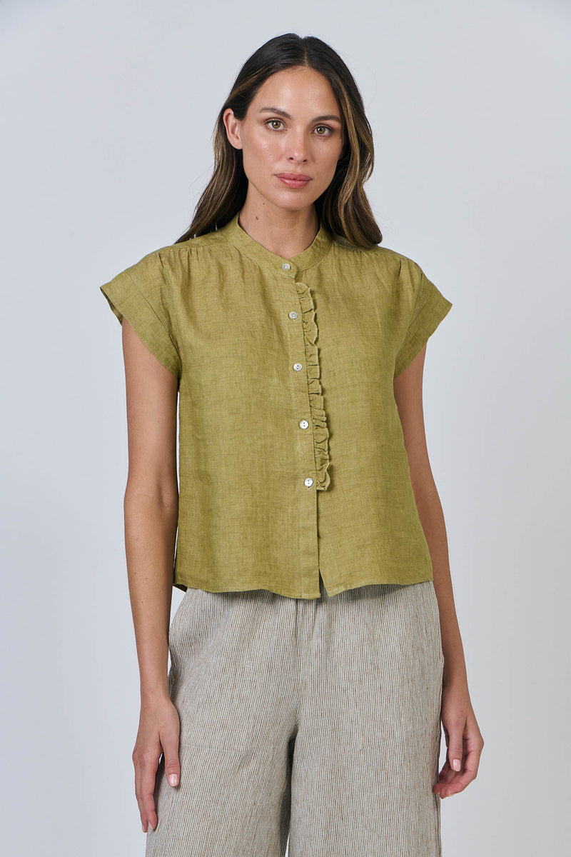CAP-SLEEVE FRILL SHIRT - BAMBOO