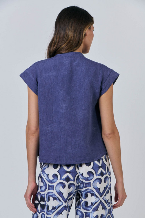 CAP-SLEEVE FRILL SHIRT - BLUEBERRY
