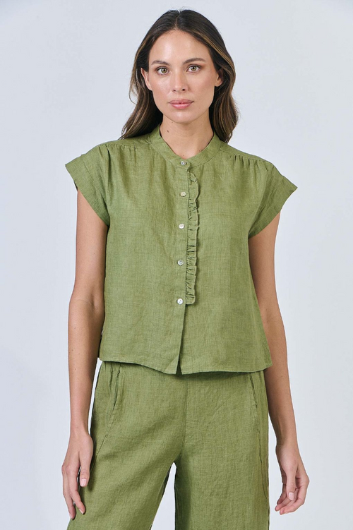 CAP-SLEEVE FRILL SHIRT - MOSS