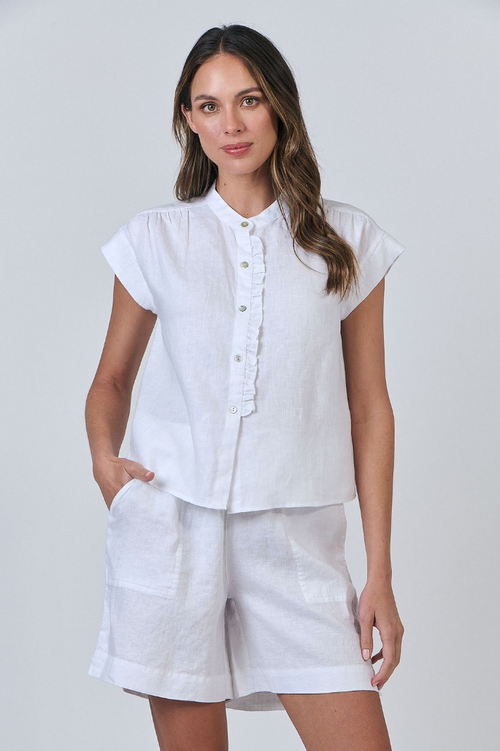 CAP-SLEEVE FRILL SHIRT - WHITE