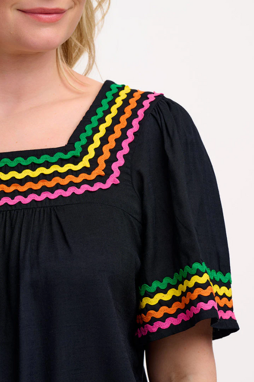 CARMEN TOP - BLACK, RAINBOW RIC RAC