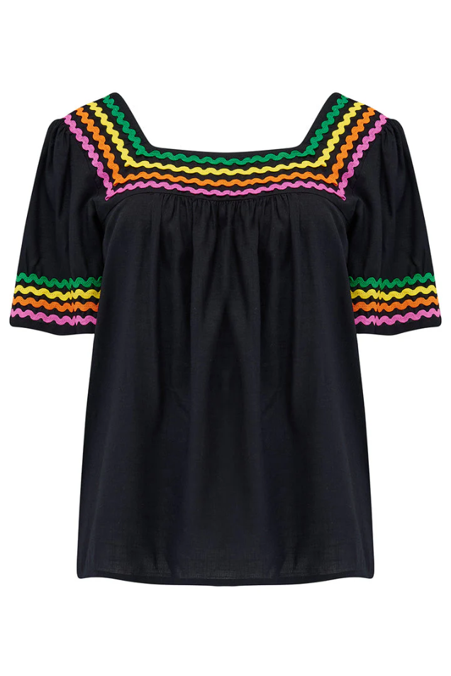 CARMEN TOP - BLACK, RAINBOW RIC RAC