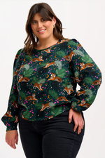 ELAINA BLOUSE - DARK GREEN, TIGERS & PALMS