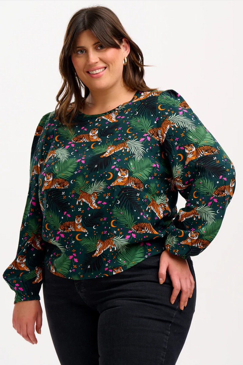 ELAINA BLOUSE - DARK GREEN, TIGERS & PALMS