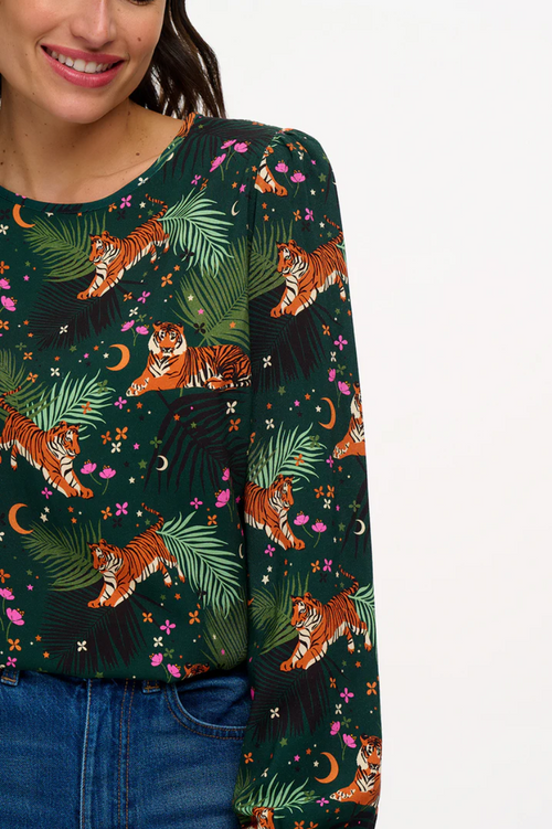 ELAINA BLOUSE - DARK GREEN, TIGERS & PALMS