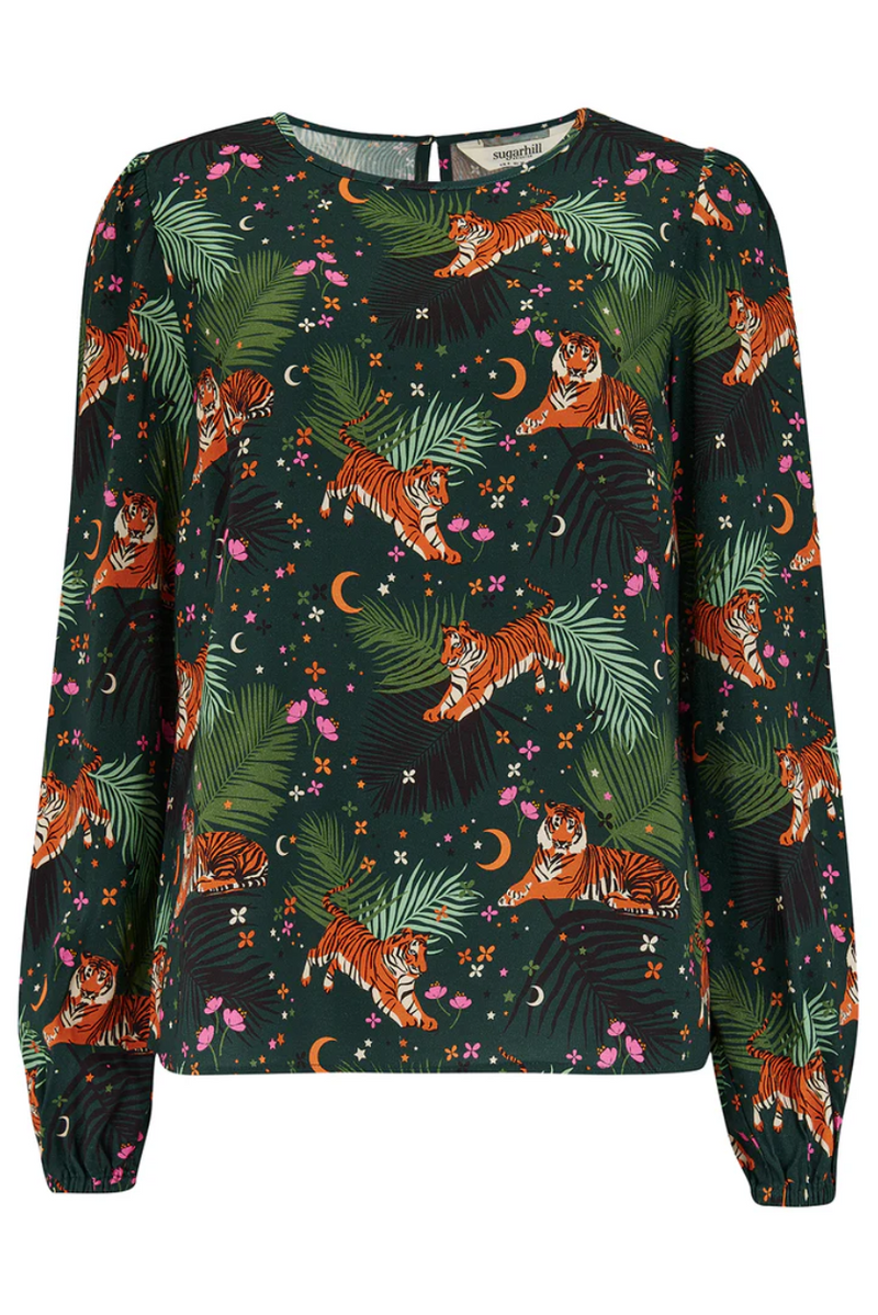 ELAINA BLOUSE - DARK GREEN, TIGERS & PALMS