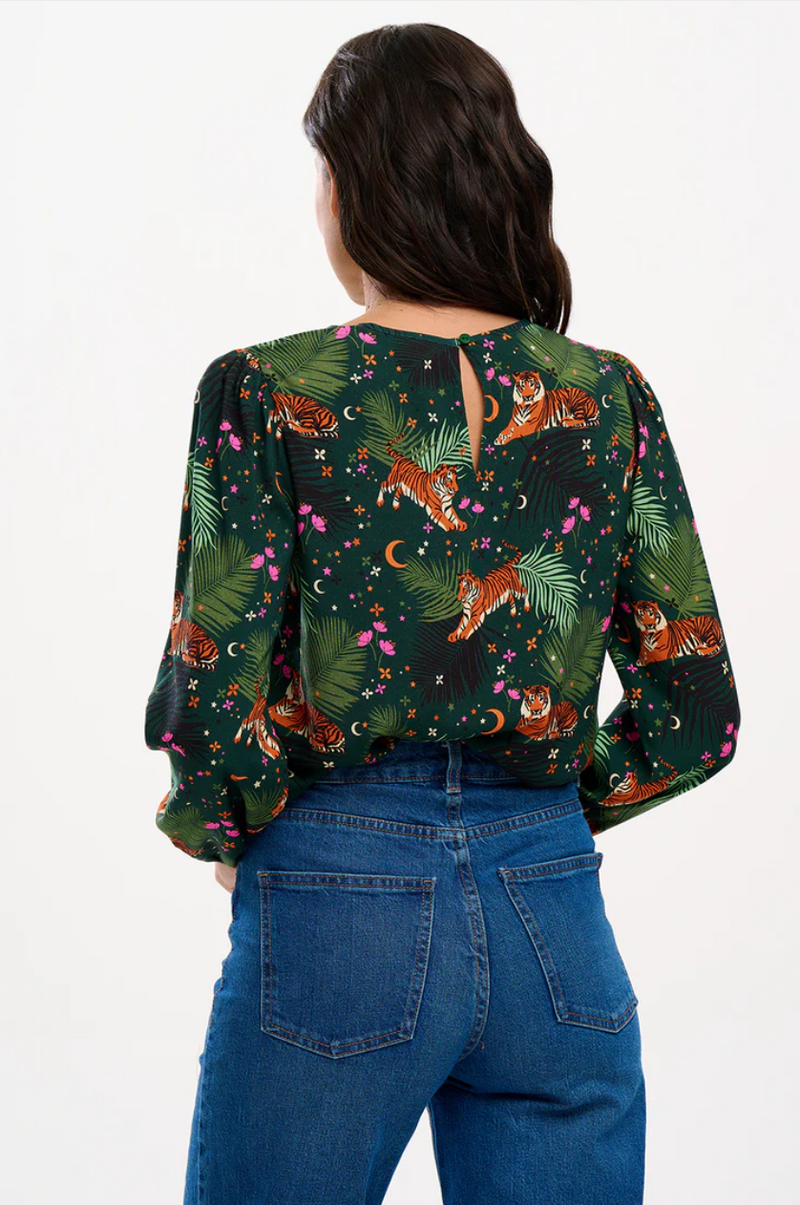 ELAINA BLOUSE - DARK GREEN, TIGERS & PALMS