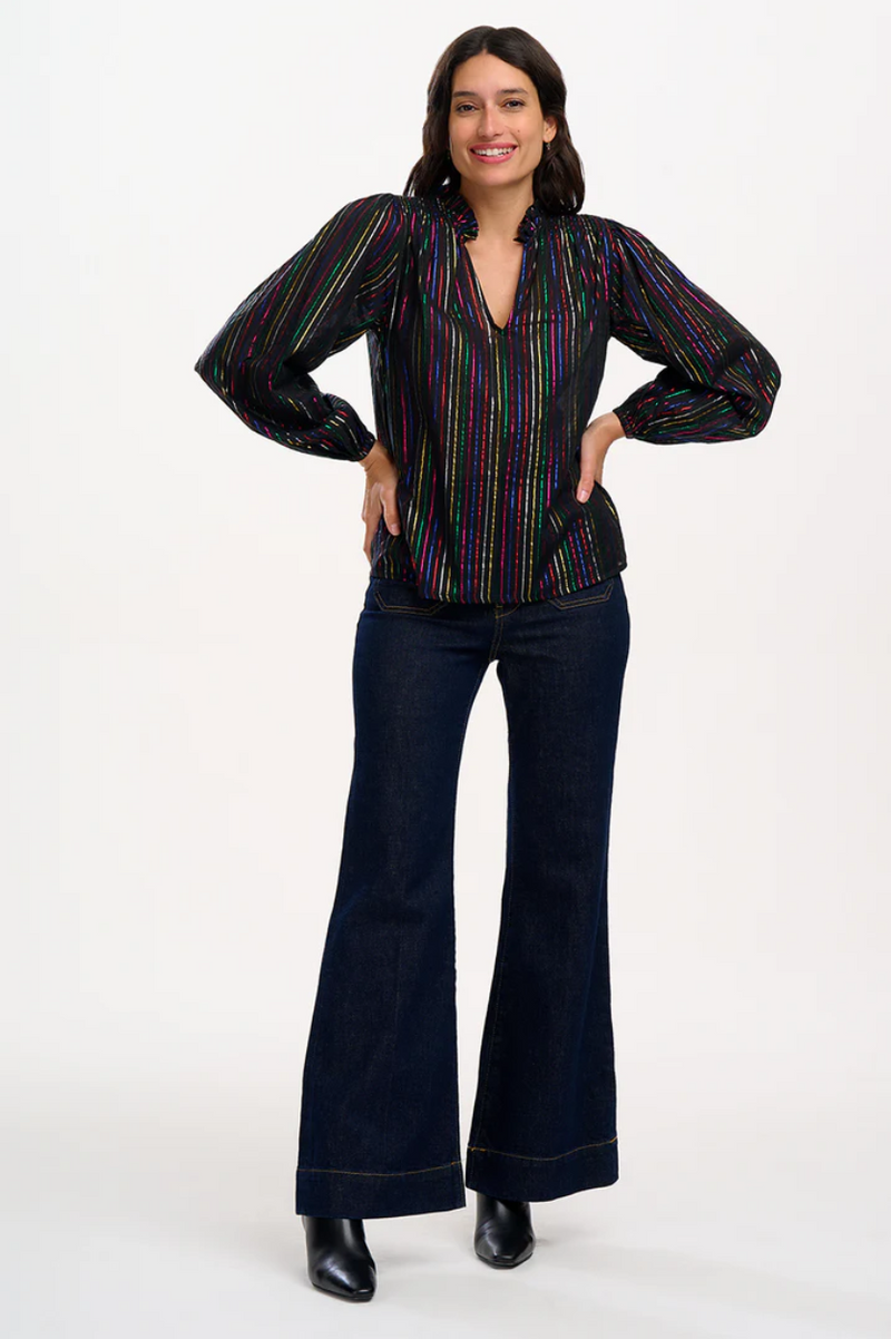 ELECTRA SHIRRED TOP - BLACK, METALLIC RAINBOW STRIPE