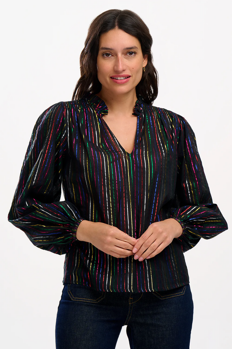 ELECTRA SHIRRED TOP - BLACK, METALLIC RAINBOW STRIPE