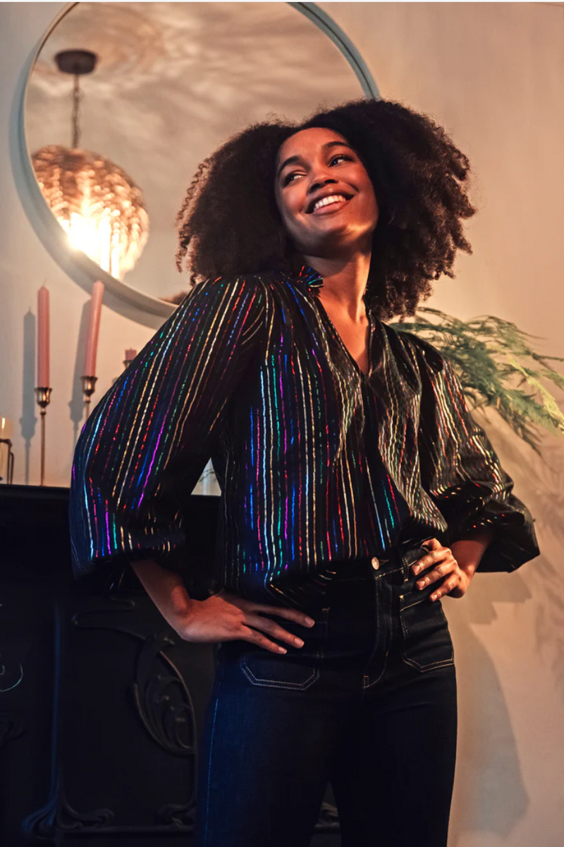 ELECTRA SHIRRED TOP - BLACK, METALLIC RAINBOW STRIPE