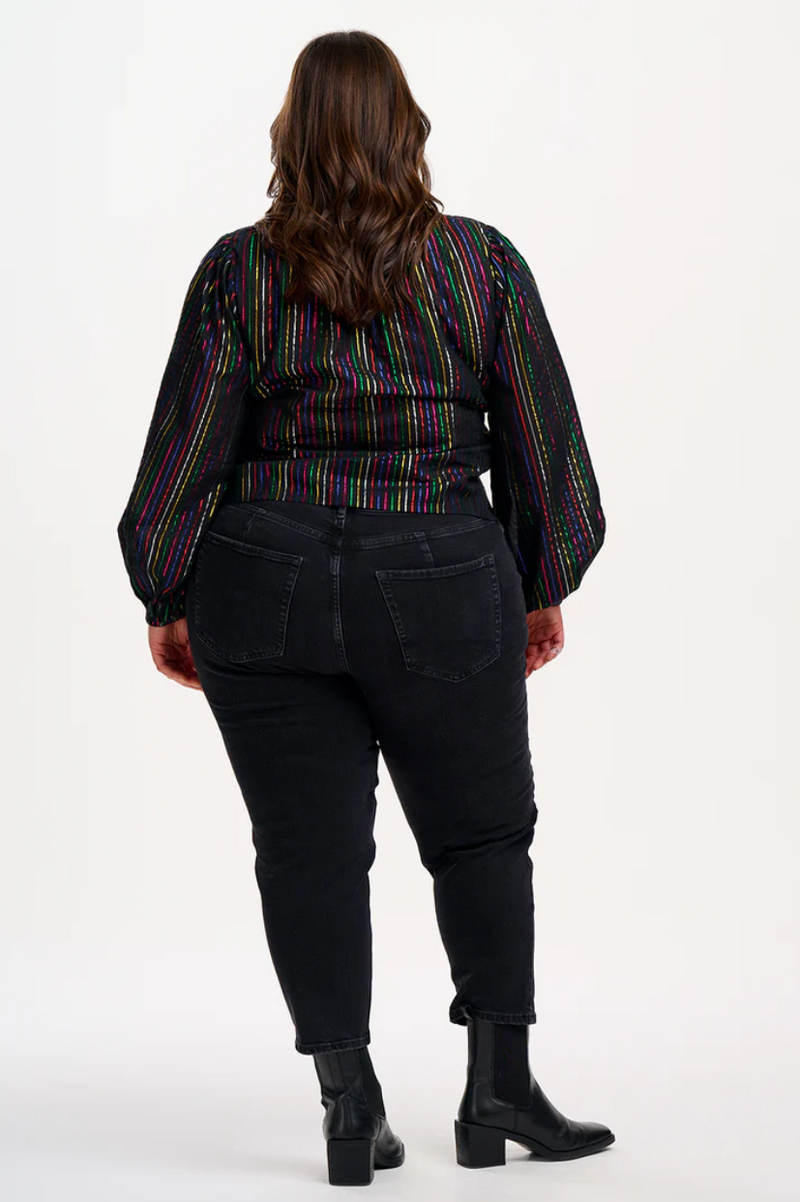 ELECTRA SHIRRED TOP - BLACK, METALLIC RAINBOW STRIPE