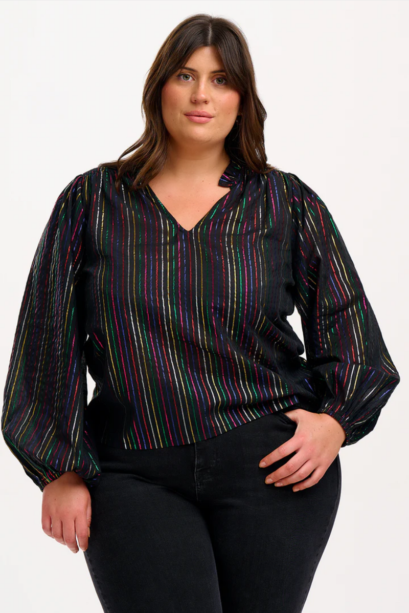 ELECTRA SHIRRED TOP - BLACK, METALLIC RAINBOW STRIPE