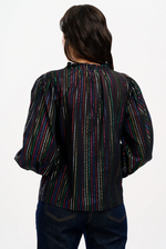 ELECTRA SHIRRED TOP - BLACK, METALLIC RAINBOW STRIPE