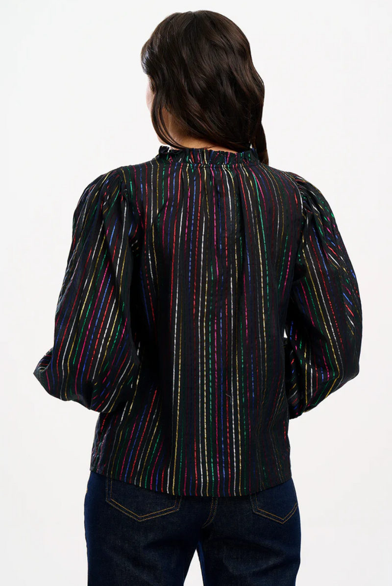 ELECTRA SHIRRED TOP - BLACK, METALLIC RAINBOW STRIPE