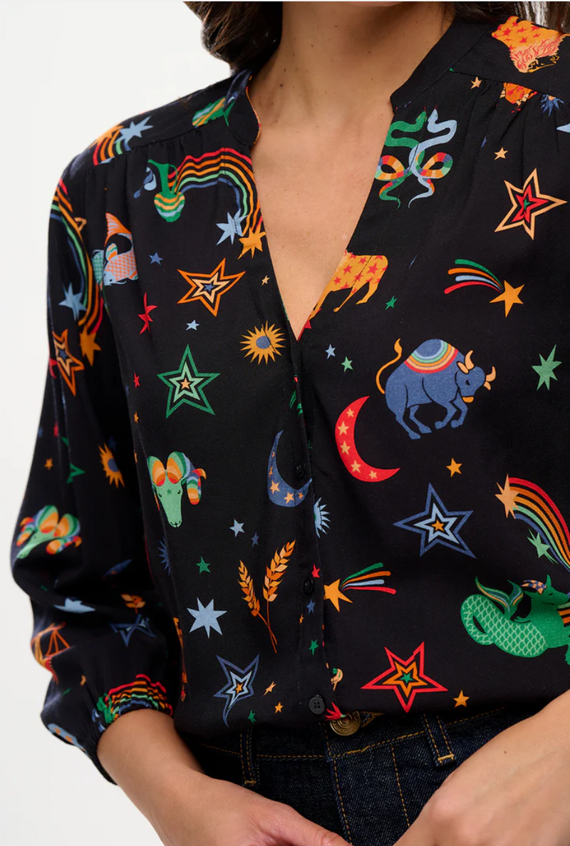 ELKIE BLOUSE - BLACK, ZODIAC RAINBOW SKIES