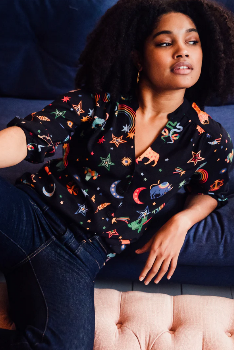 ELKIE BLOUSE - BLACK, ZODIAC RAINBOW SKIES