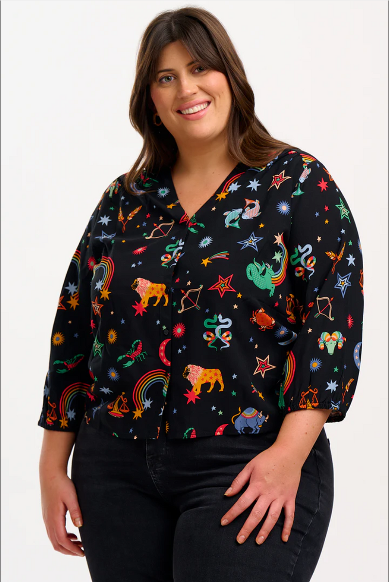 ELKIE BLOUSE - BLACK, ZODIAC RAINBOW SKIES