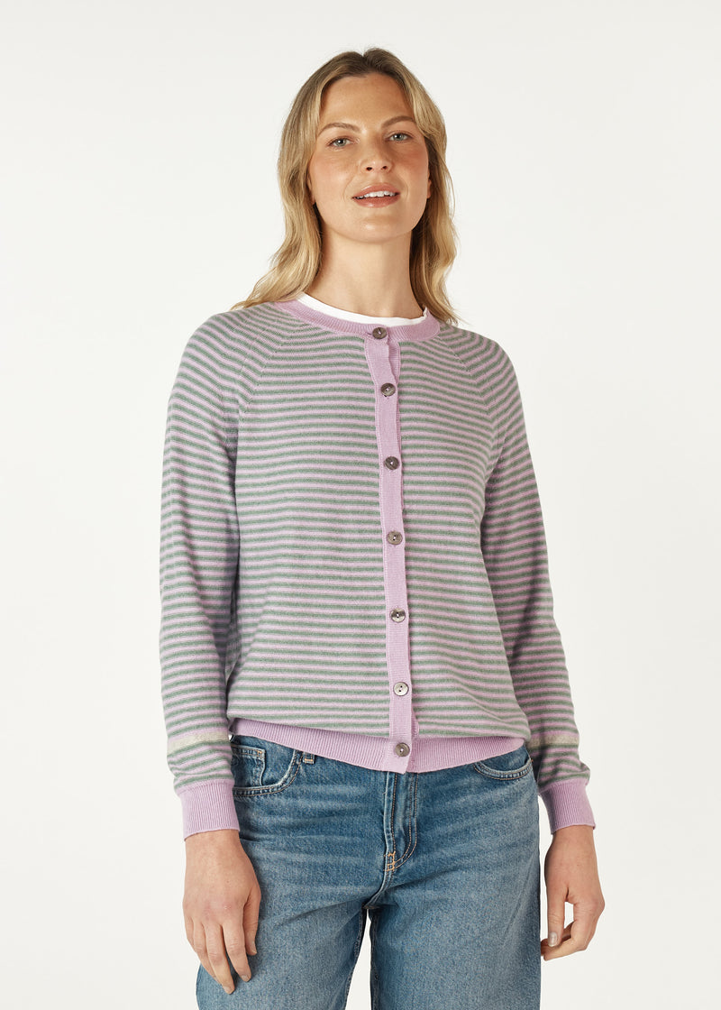 ESSENTIAL STRIPE CARDI IN LILAC