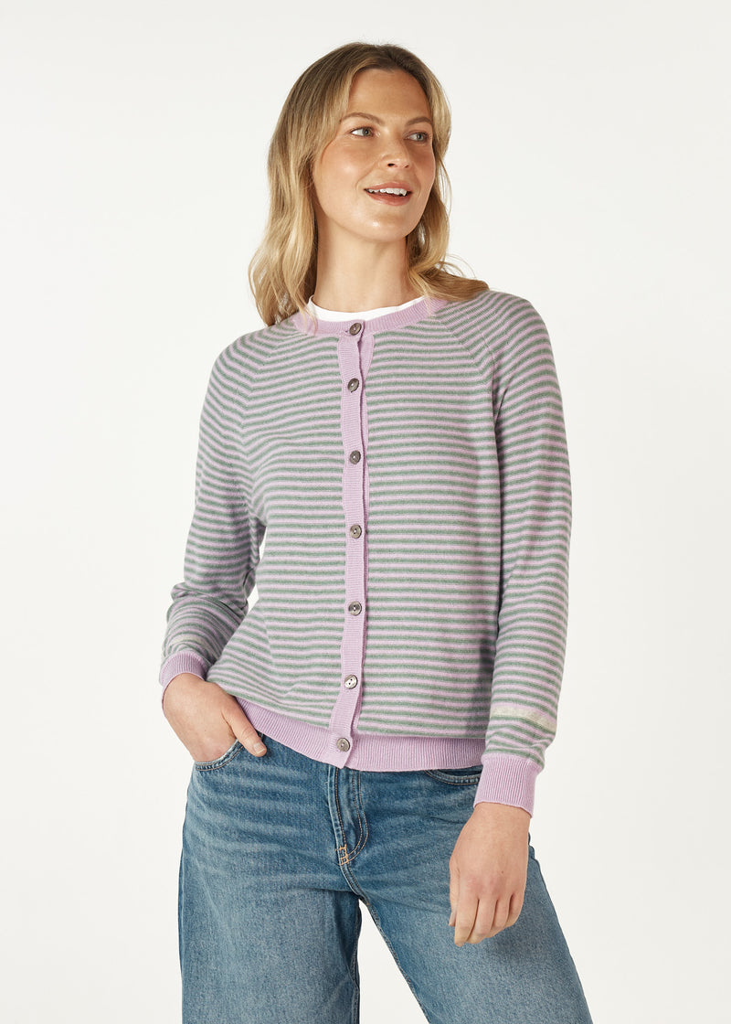 ESSENTIAL STRIPE CARDI IN LILAC