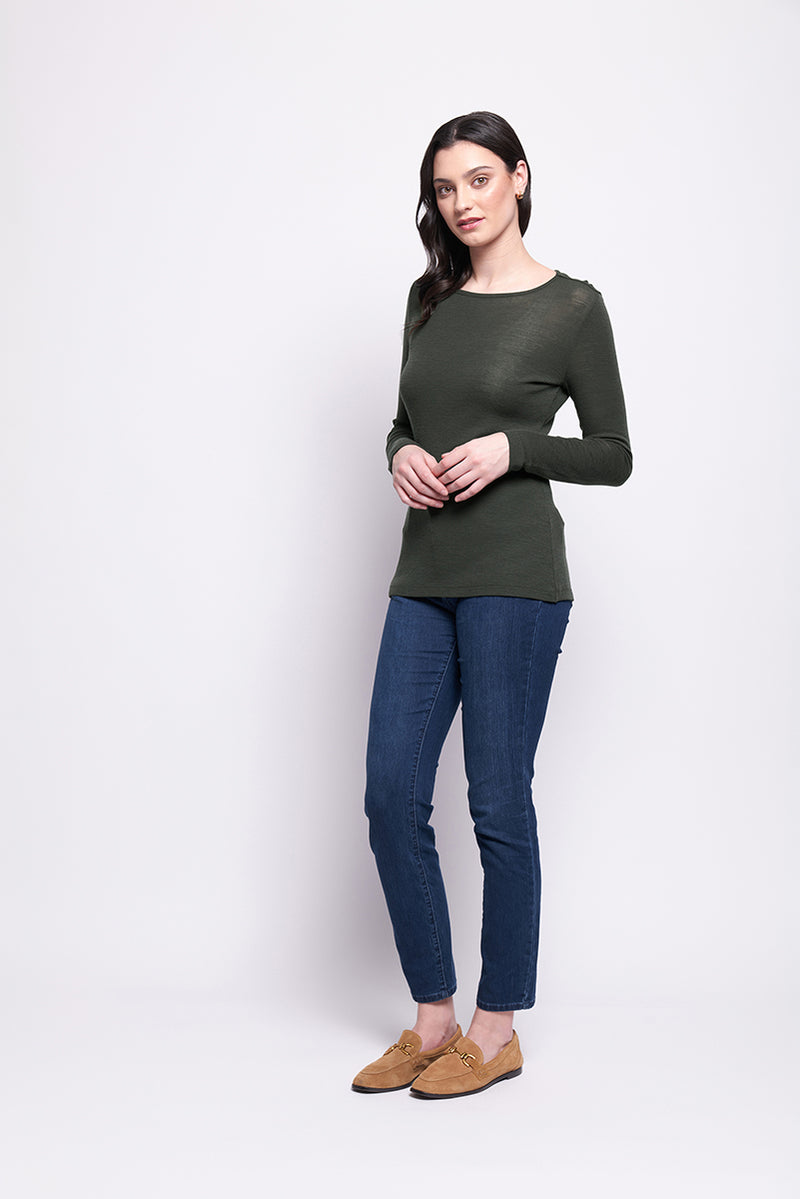 FINE MERINO CREW NECK TOP - MOSS