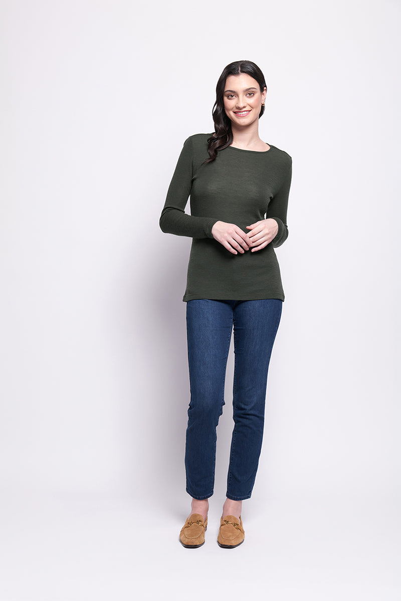 FINE MERINO CREW NECK TOP - MOSS