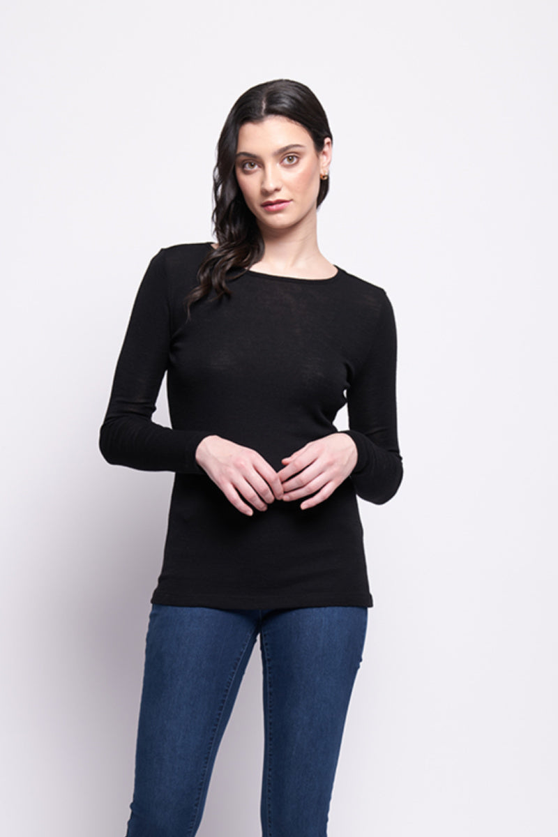 FINE MERINO CREW NECK TOP IN BLACK