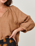 GATHERED NECK LINEN TOP - CHAI